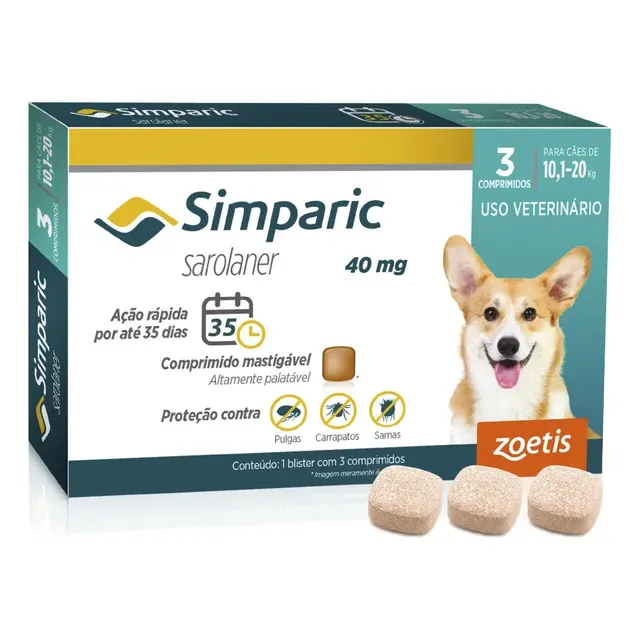Simparic 40mg Antipulgas E Carrapatos Cães De 10,1 A 20kg Com 3 Comprimidos Verde-escuro